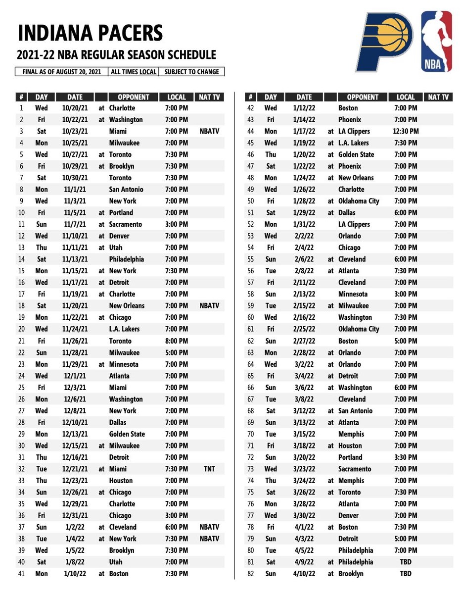 Indiana Pacers Printable Schedule Free Printable Templates
