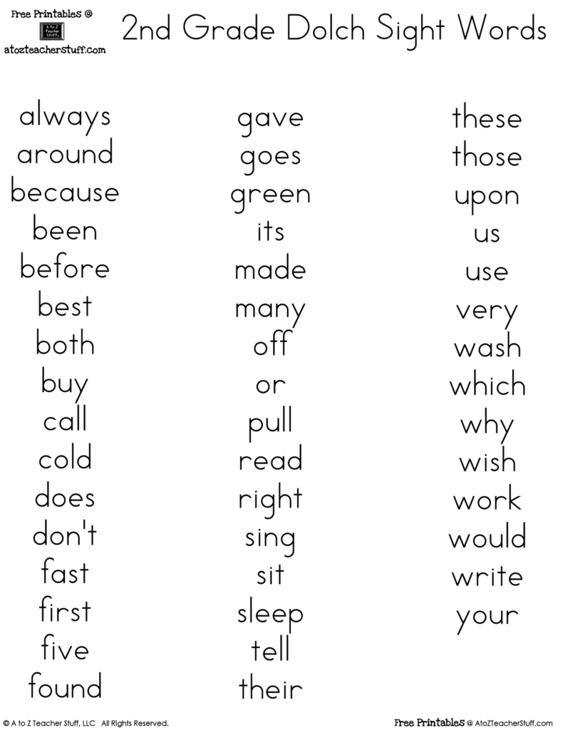 Free Printable 2nd Grade Sight Words