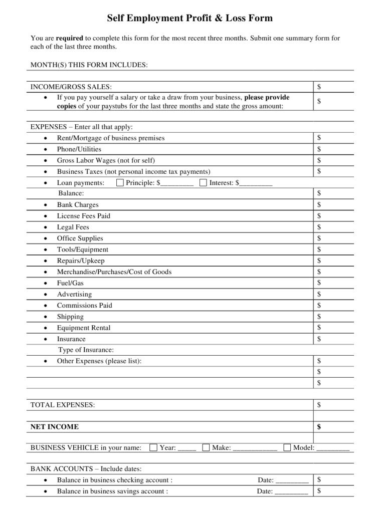 Self Employed Printable Free Blank Profit And Loss Statement Pdf