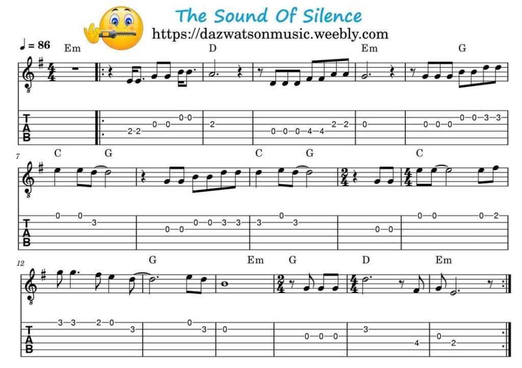 Simon And Garfunkel The Sound Of Silence Easy Guitar Tab