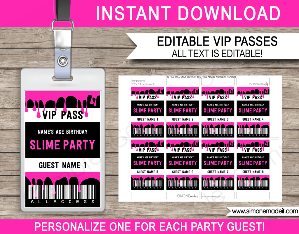 Slime Birthday Party VIP Passes Slime Party Decorations Printable Template