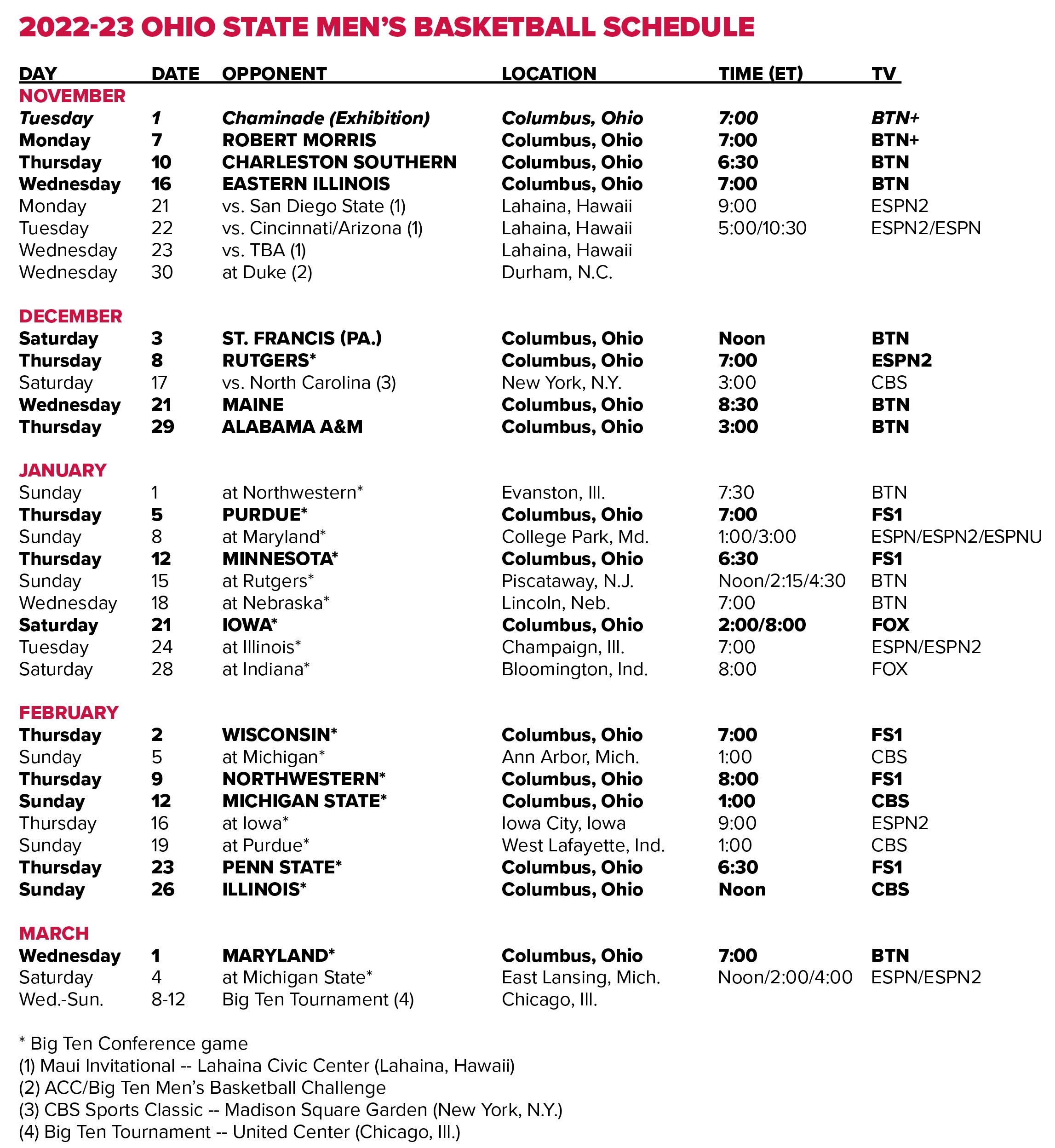 Start Times And TV Assignments Announced For 2022 23 Season Ohio State Buckeyes