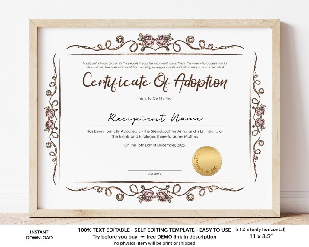 Stepmother Adoption Certificate Template Editable Printable Etsy de