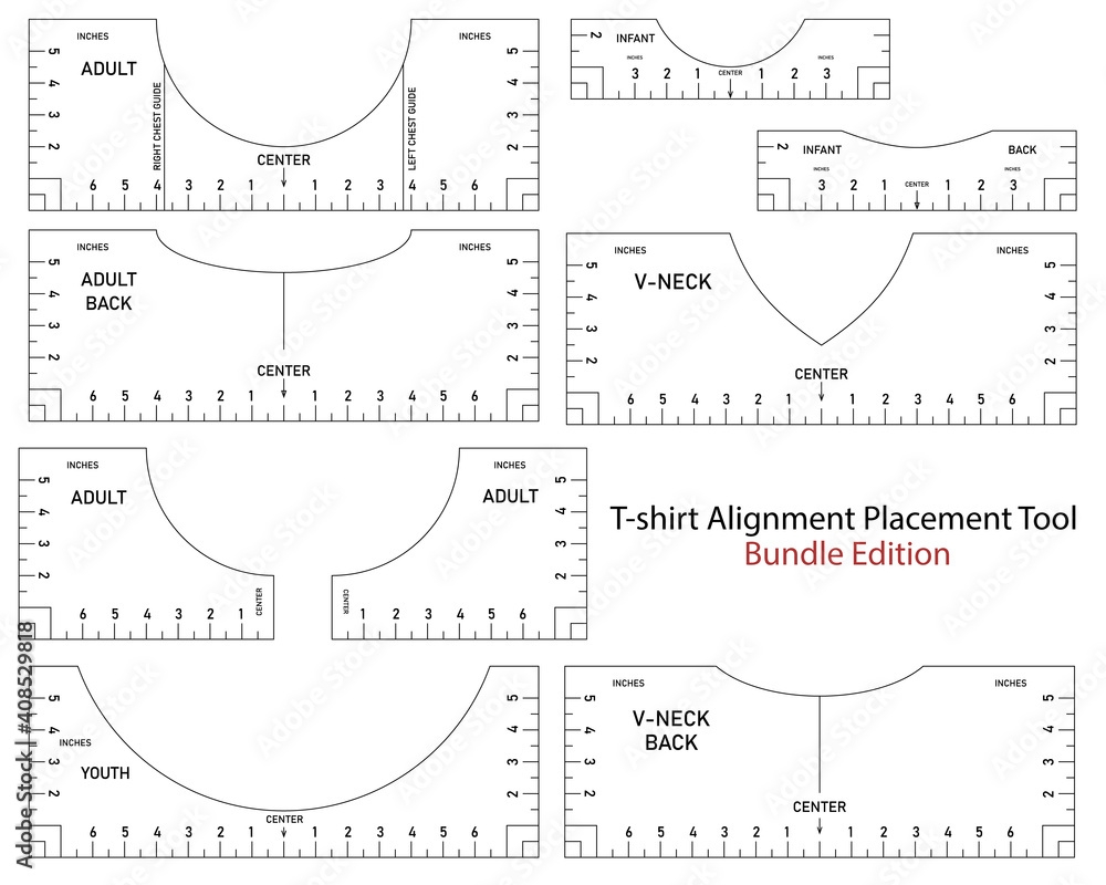 T Shirt Ruler Vector Mega Bundle T shirt Alignment Placement Tool Adult V Neck Youth Front Back Left And Right Sides Printable Templates Set For Crafters Stock Illustration Stock Vector Adobe Stock