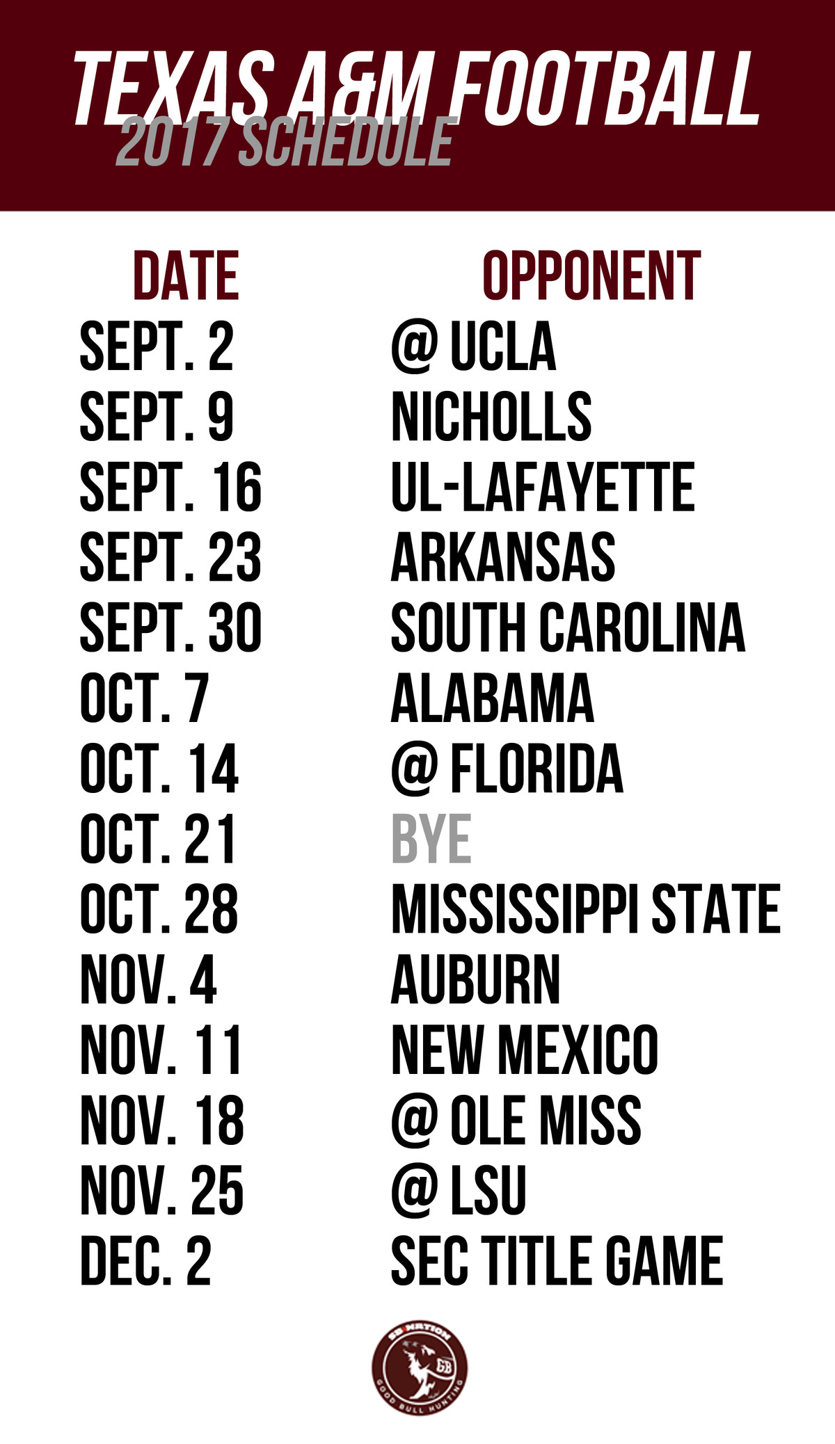 Texas A&m Football Schedule Printable