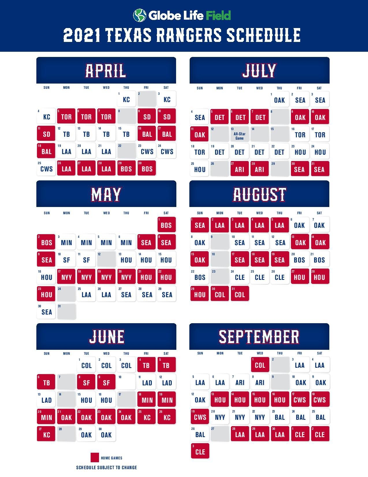 Texas Rangers Announce 2021 Regular Season Schedule