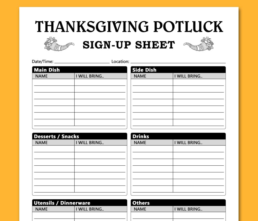 Thanksgiving Potluck Sign Up Sheet Printable Template Potluck Etsy de