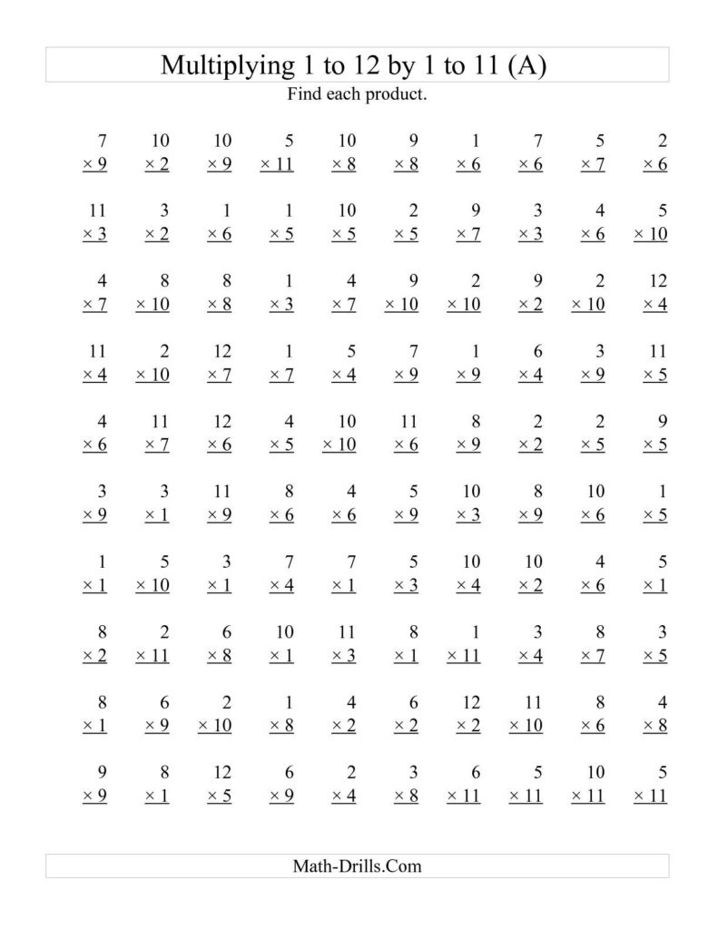 The 100 Vertical Questions Multiplying 1 To 12 By 1 To 11 A M Printable Multiplication Worksheets Multiplication Worksheets Math Multiplication Worksheets