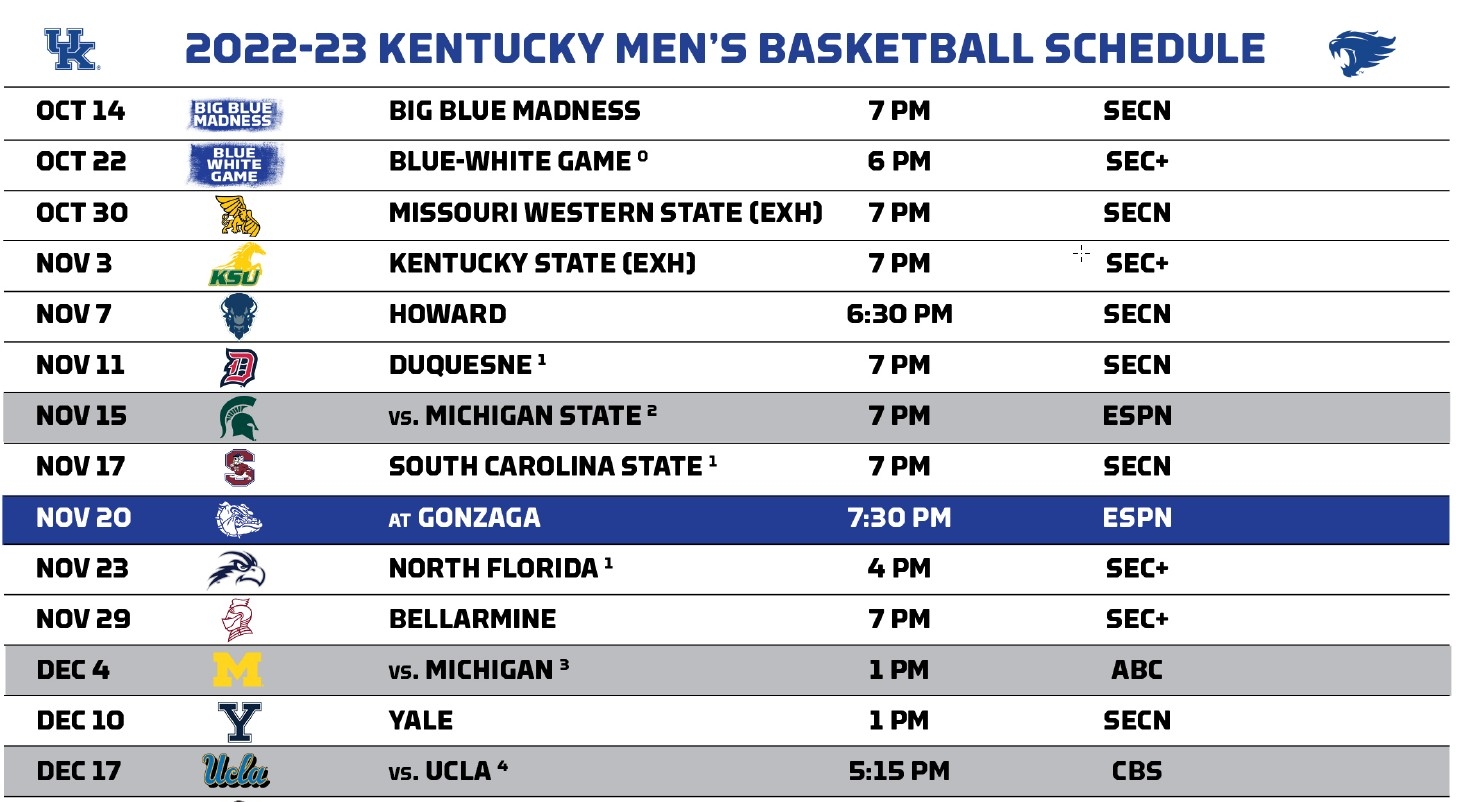 Kentucky Basketball Printable Schedule