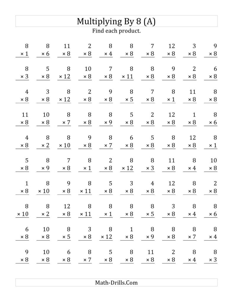 The Multiplying 1 To 12 By 8 A Math Worksheet From The Mul Multiplication Facts Worksheets Printable Multiplication Worksheets Math Multiplication Worksheets