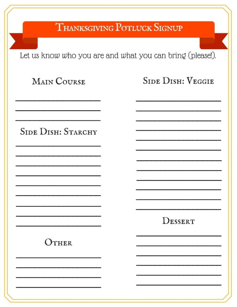 Free Printable Thanksgiving Potluck Sign Up Sheet