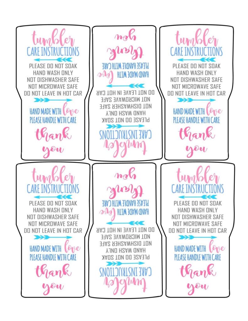 Care Instruction Free Printable Tumbler Care Cards