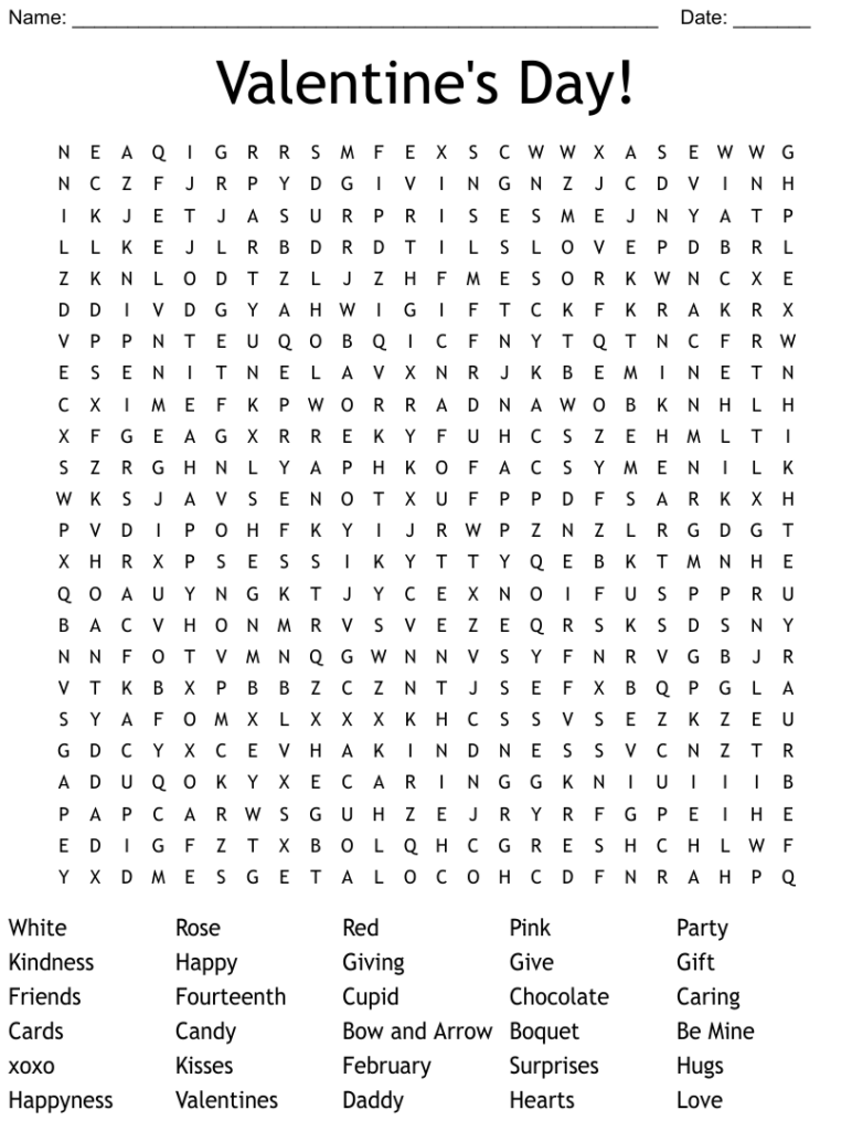 Valentine's Day Word Search Free Printable