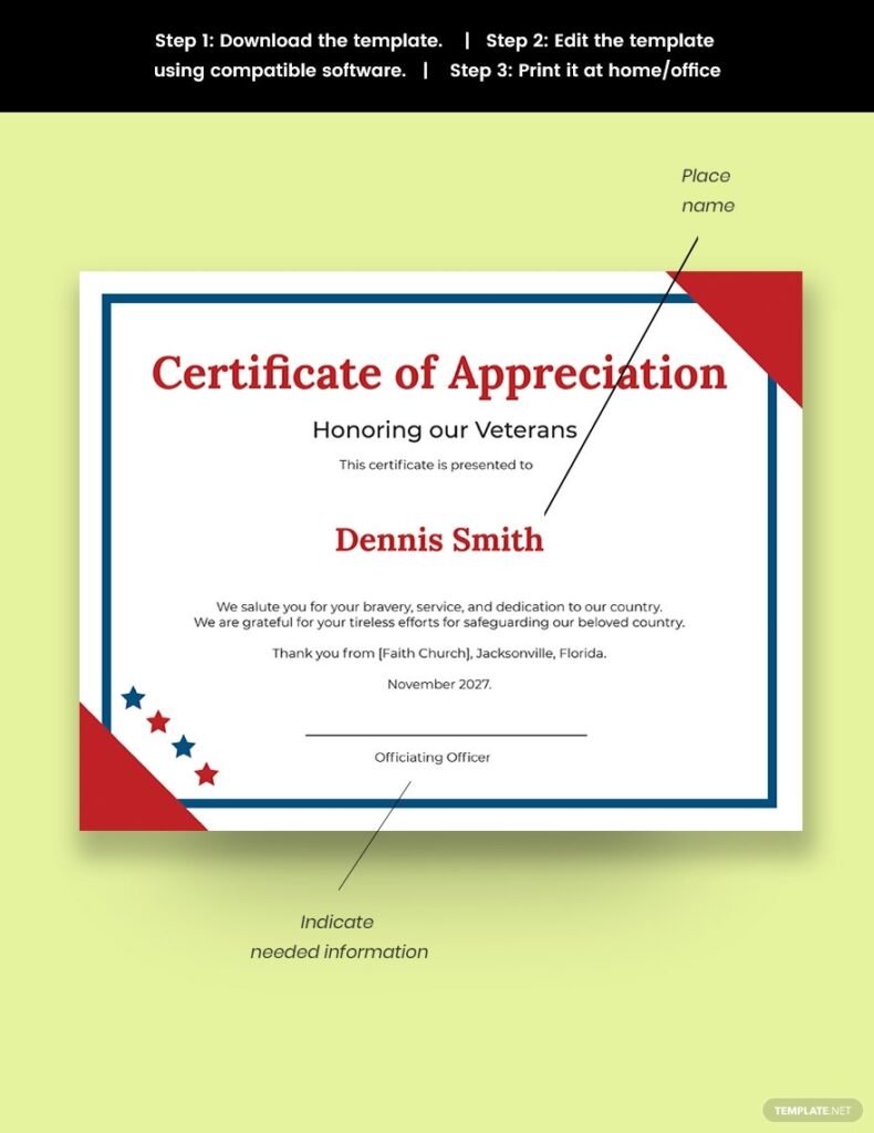 Veterans Day Free Printable Military Certificate Of Appreciation Template Free