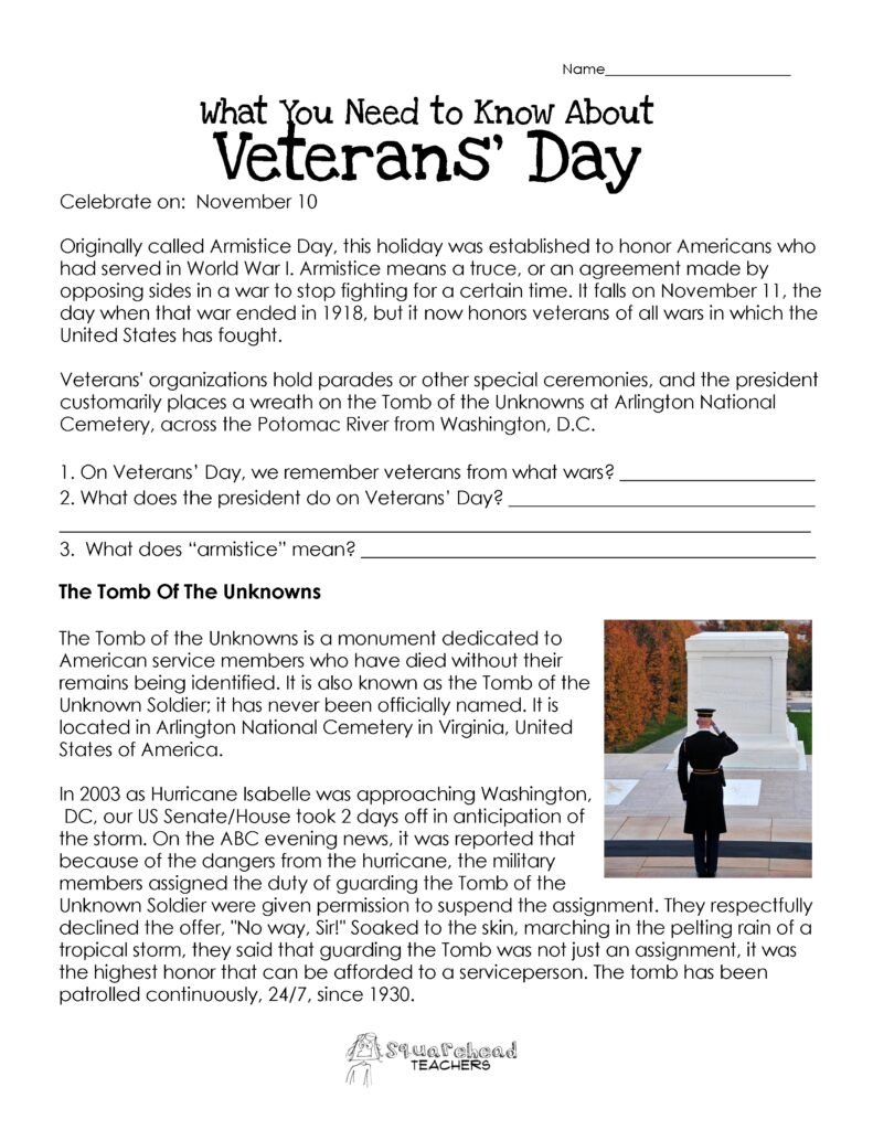 Veterans Day Worksheet UPDATED Squarehead Teachers