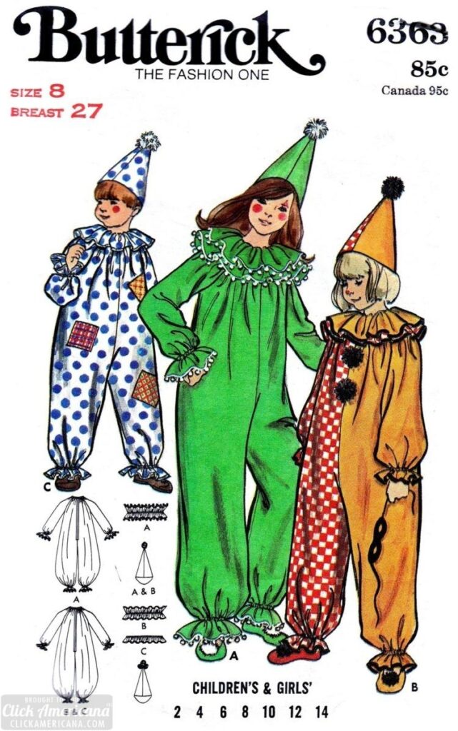 Vintage Halloween Costume Patterns From The 70s Popular Styles You Could Sew And Make Click Americana Clown Costume Clown Clothes Halloween Costume Patterns