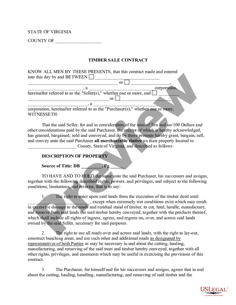 Virginia Timber Sale Contract Printable Timber Contract US Legal Forms