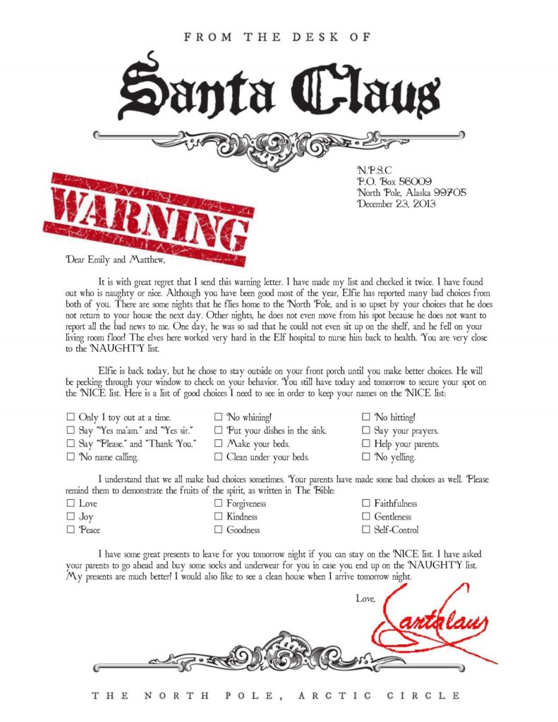 Free Printable Warning Letter From Santa