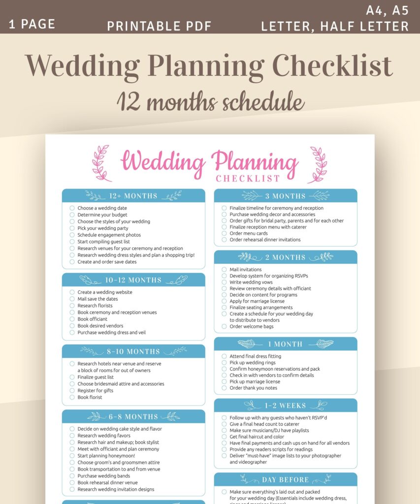 Wedding Planning Checklist Printable Wedding Template A4 Etsy