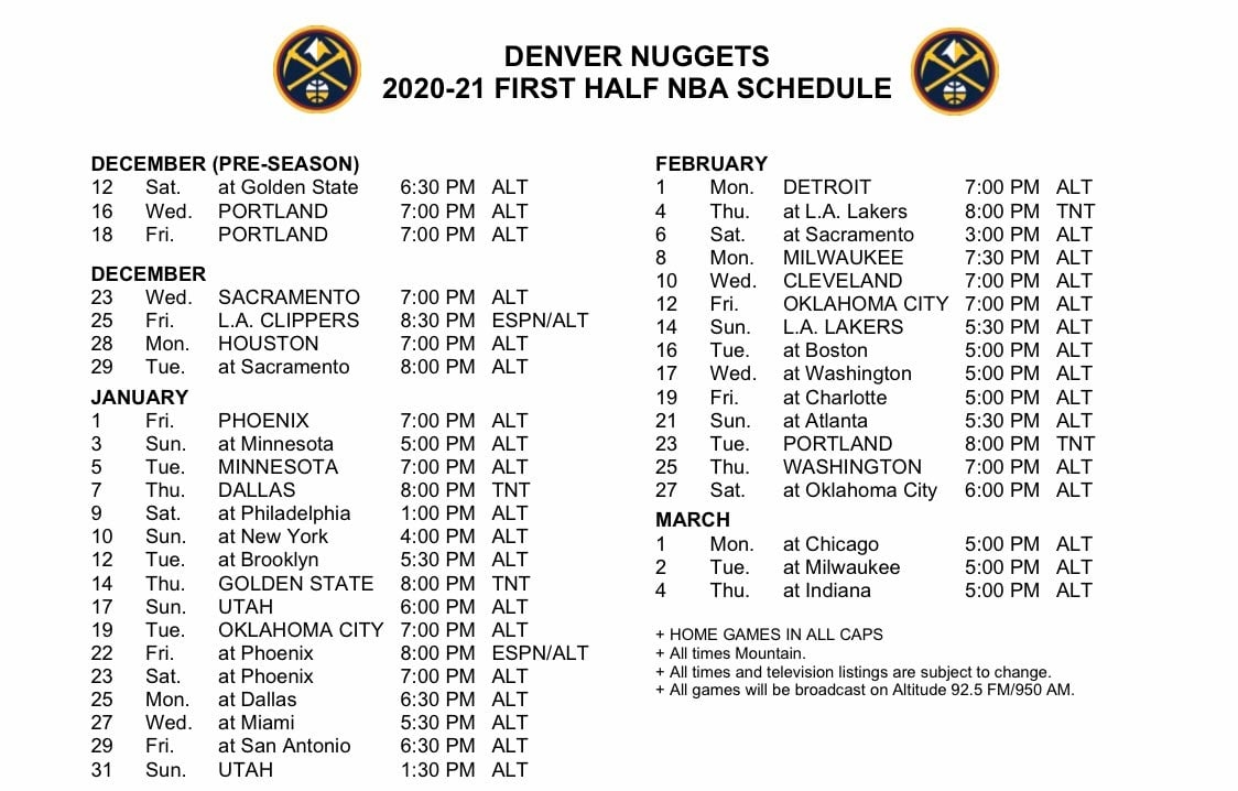 Denver Nuggets Printable Schedule
