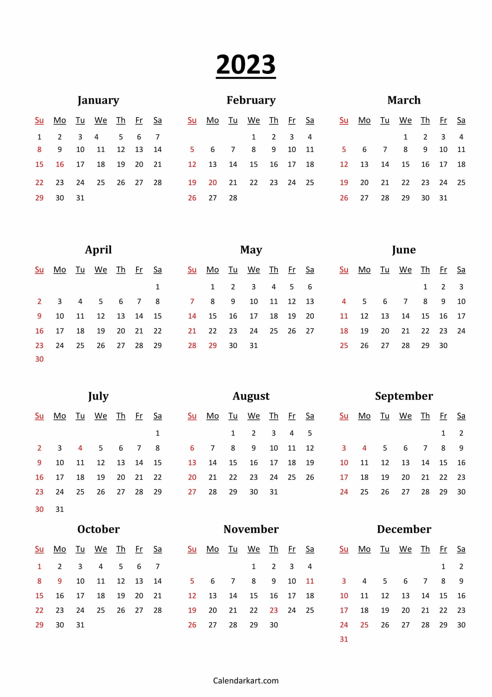 2023 Calendar With Holidays Printable Word Document