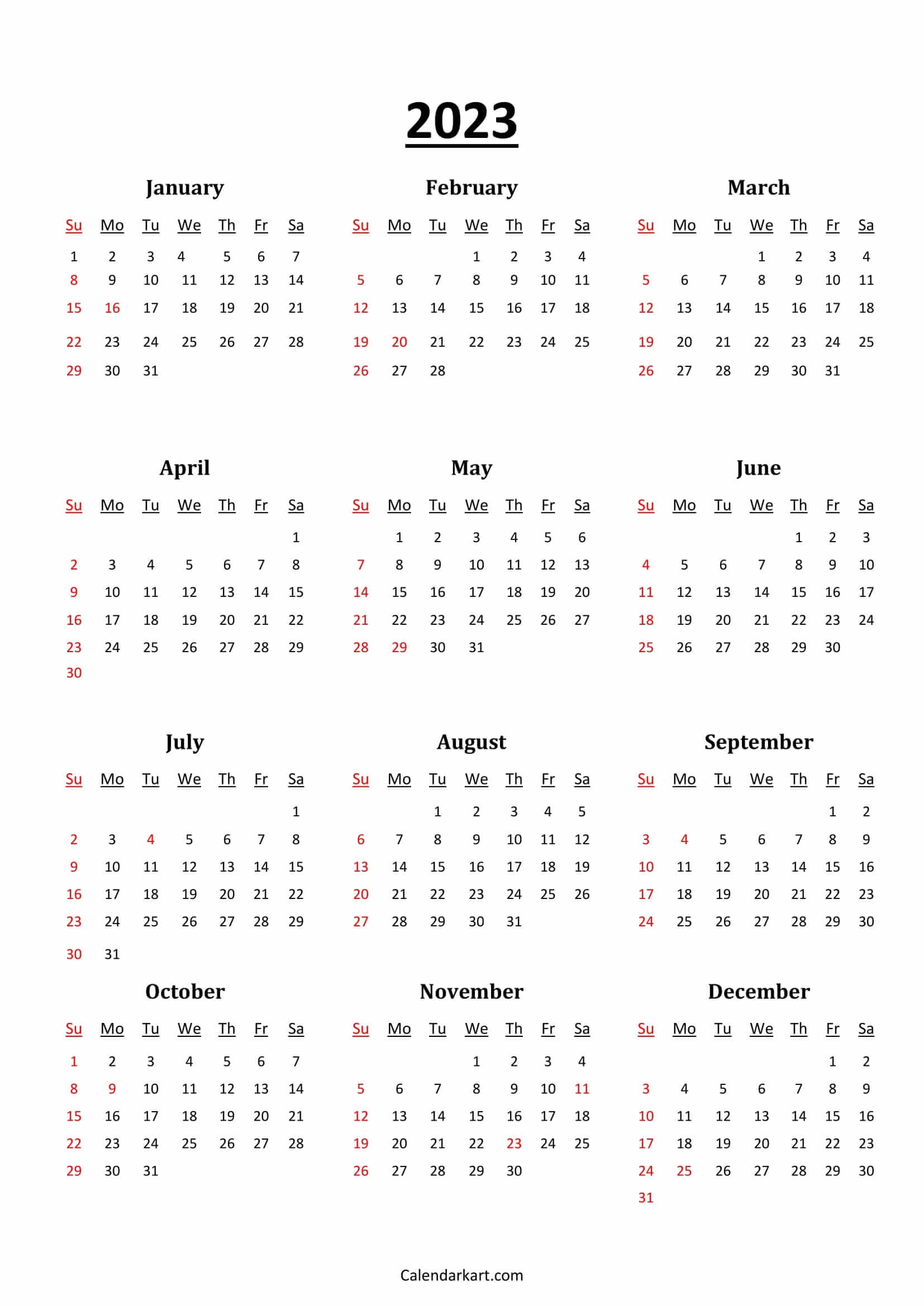 Printable Word Calendar 2023