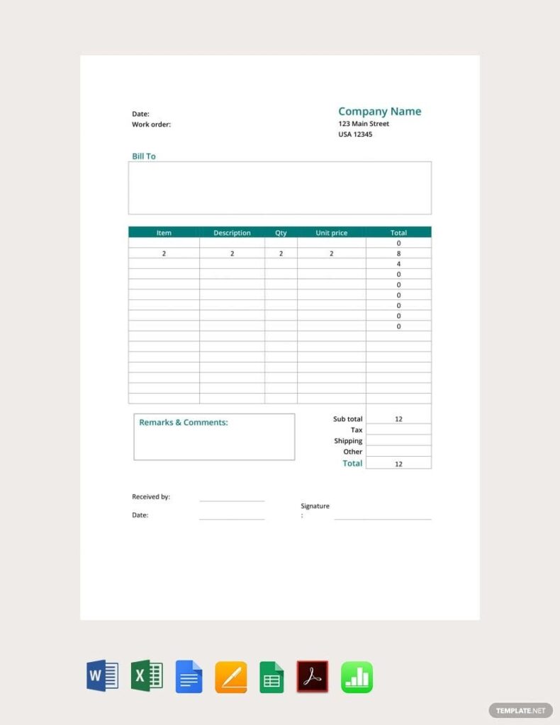 X Printable Work Order Form Template Google Docs Google Sheets Excel Word Apple Numbers Apple Pages PDF Template