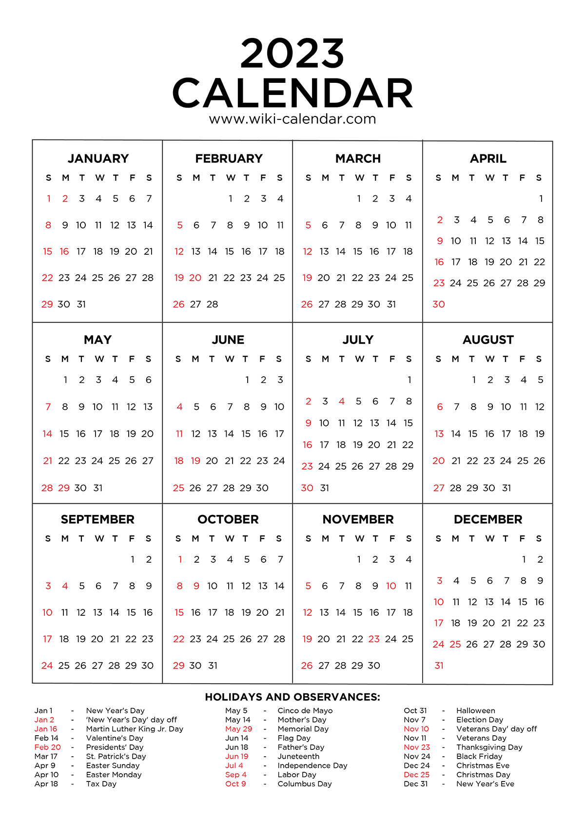2023 Year Printable Calendar With Holidays