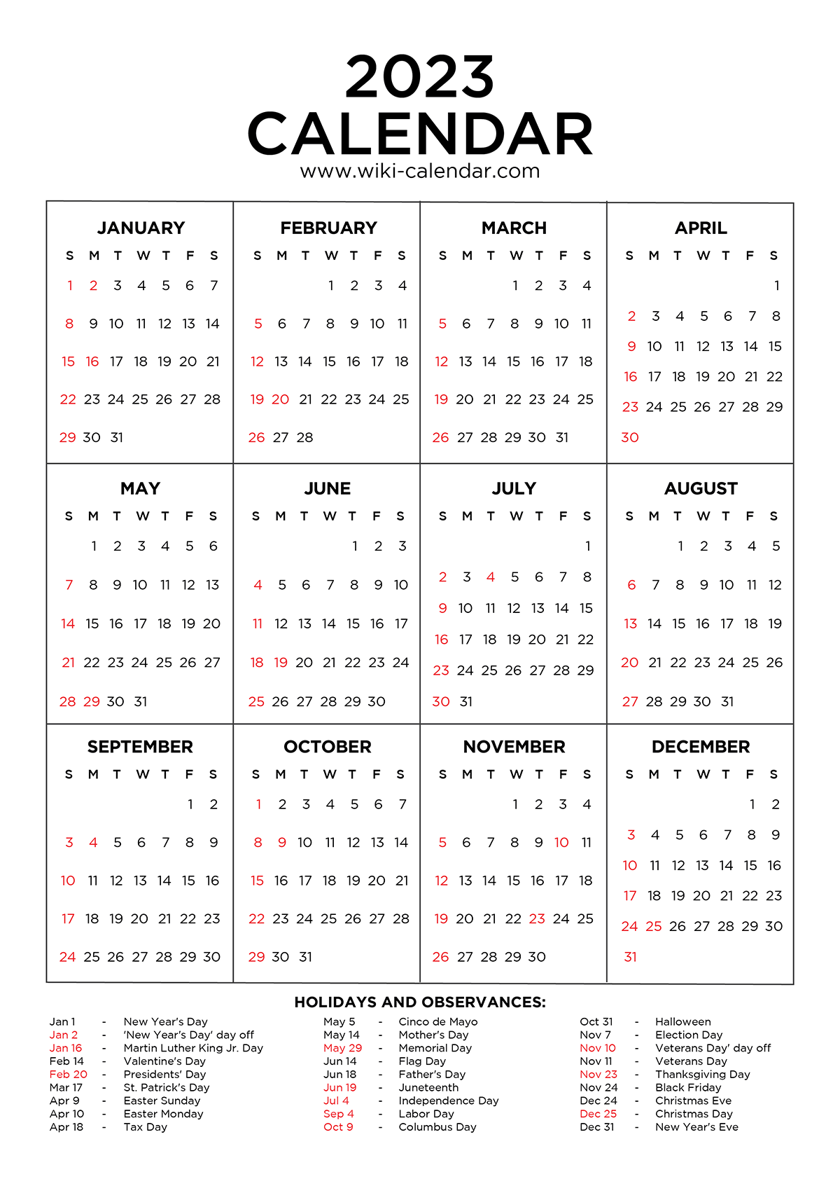 Free 2023 Calendar With Holidays Printable