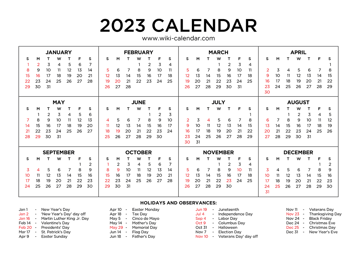 2023 Yearly Calendar Printable