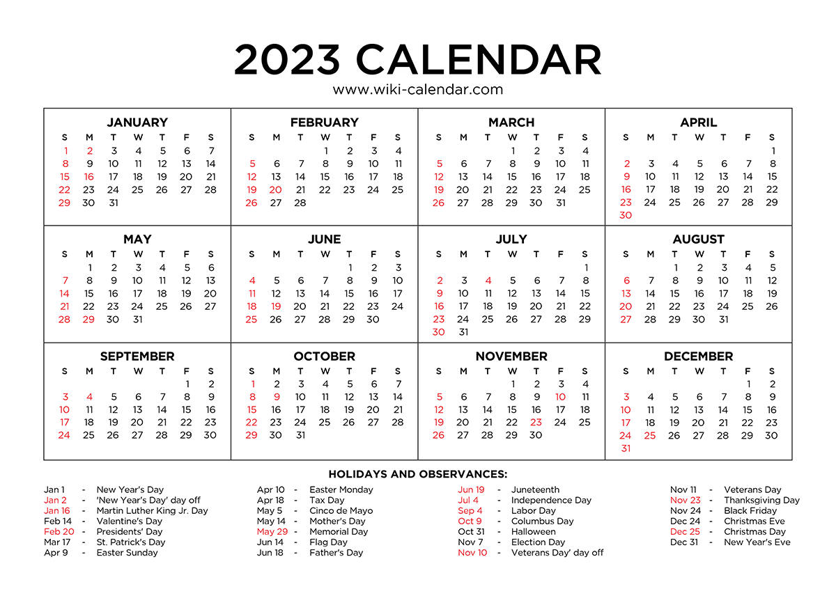 Printable Calendar 2023 With Us Holidays