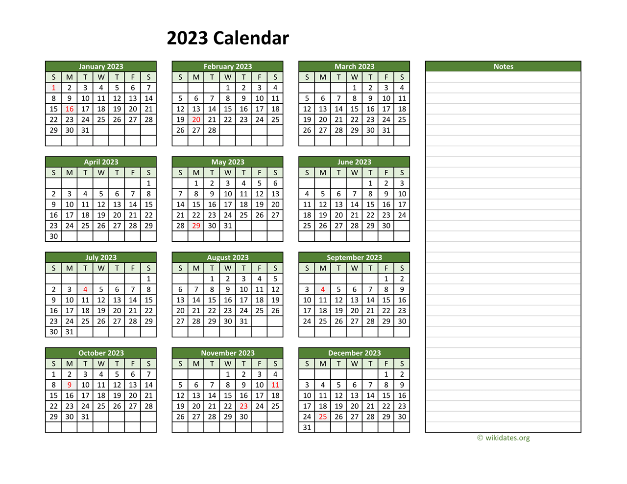 Yearly Printable 2023 Calendar With Notes WikiDates