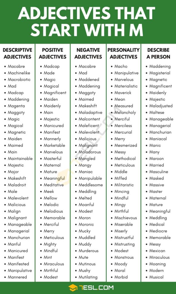 Adjectives That Start With M 1100 M Adjectives In English 7ESL