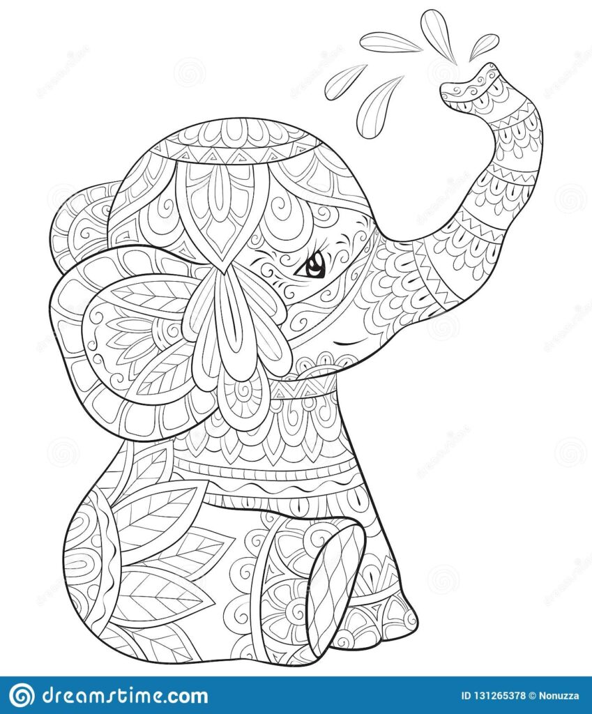 Adult Coloring Book page A Cute Elephant Image For Relaxing Activity Zen Art Style Illustration For Print Stock Vector Illustration Of Flower Outline 131265378
