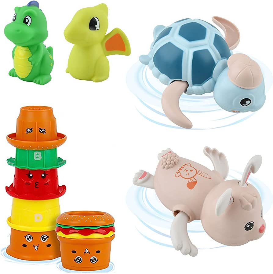 Amazon Gizmovine Baby Bath Toys NO Mold Bath Toy For Toddler Kids Girls Boys Pool Floating Bathtub Toys Set With 5 Stacking Cups 2 Sprayer Water Dinosaur Toys 2 Animal Splash Toy 