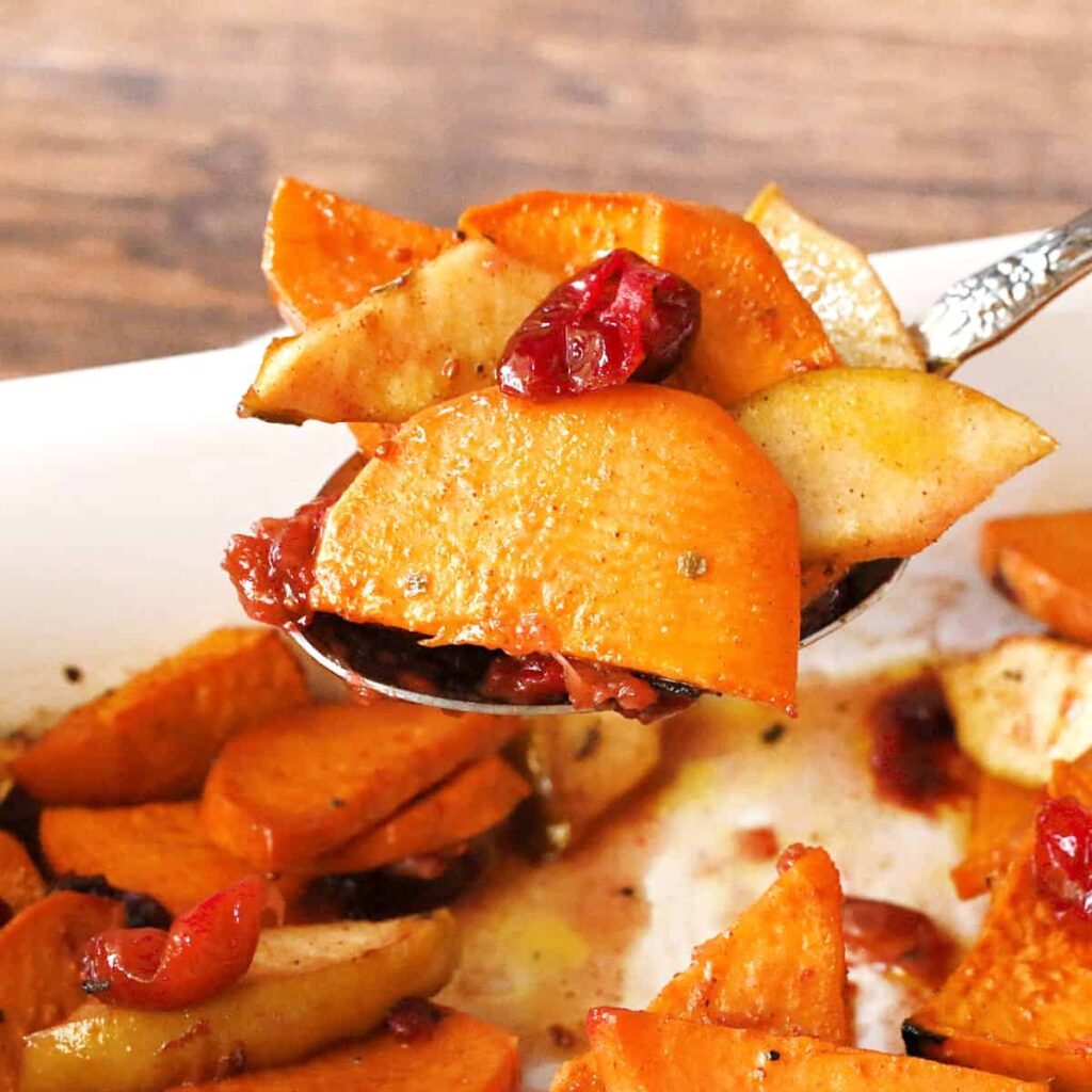 Baked Sweet Potato Slices With Apples And Cranberries One Hot Oven