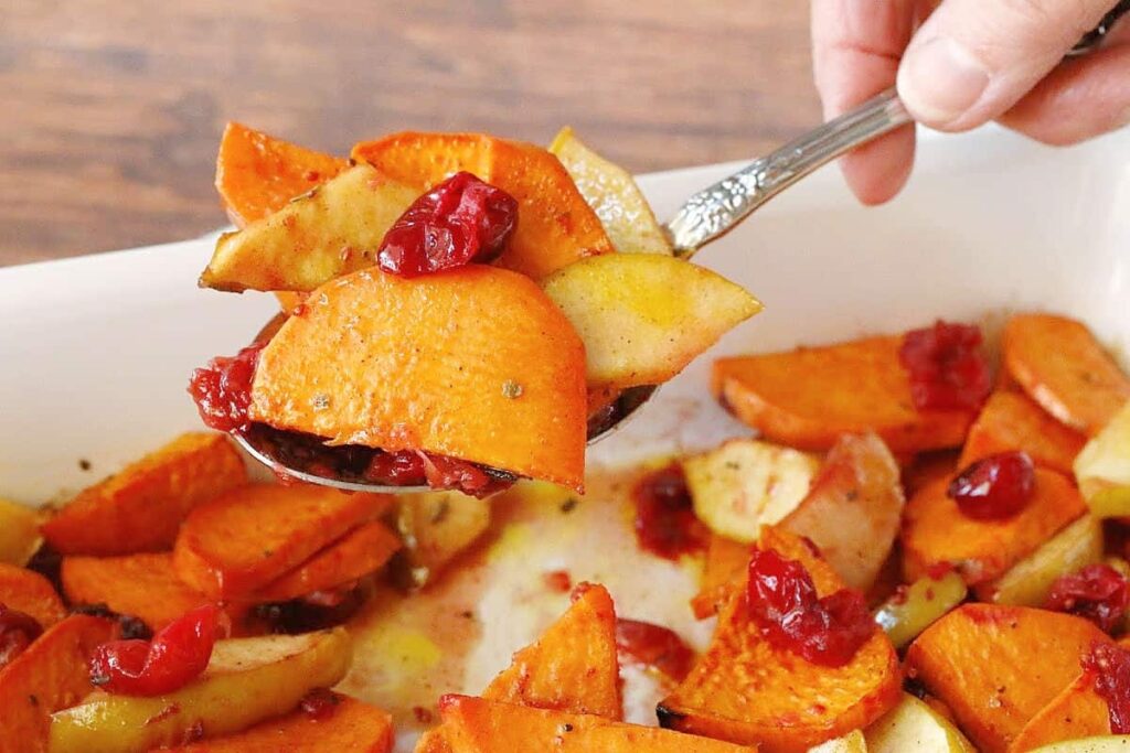 Baked Sweet Potato Slices With Apples And Cranberries One Hot Oven