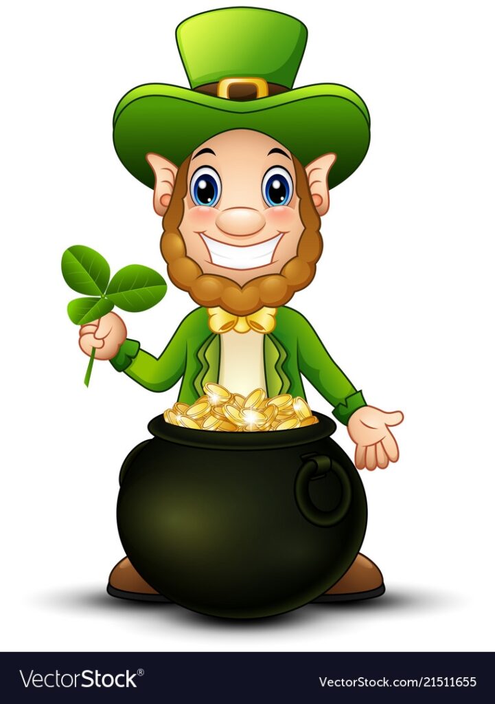 Cartoon Leprechaun With Pot Of Gold And Holding Cl