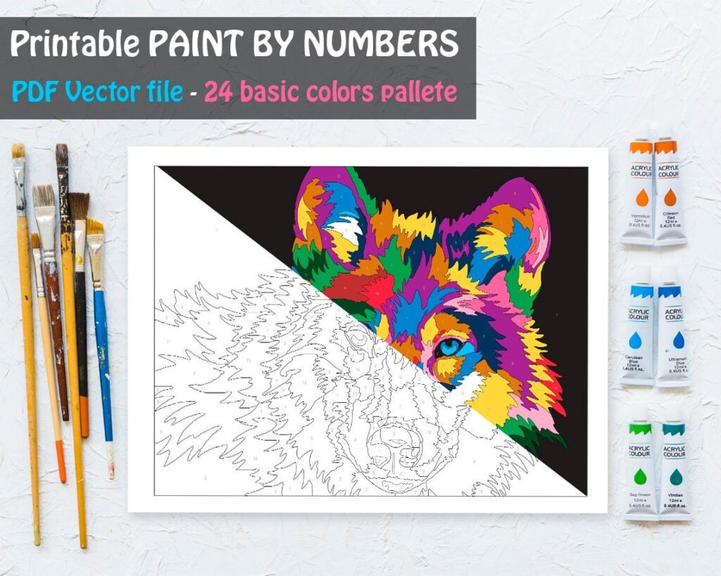 Colorful Wolf Paint By Number Printable Coloring Page Etsy de