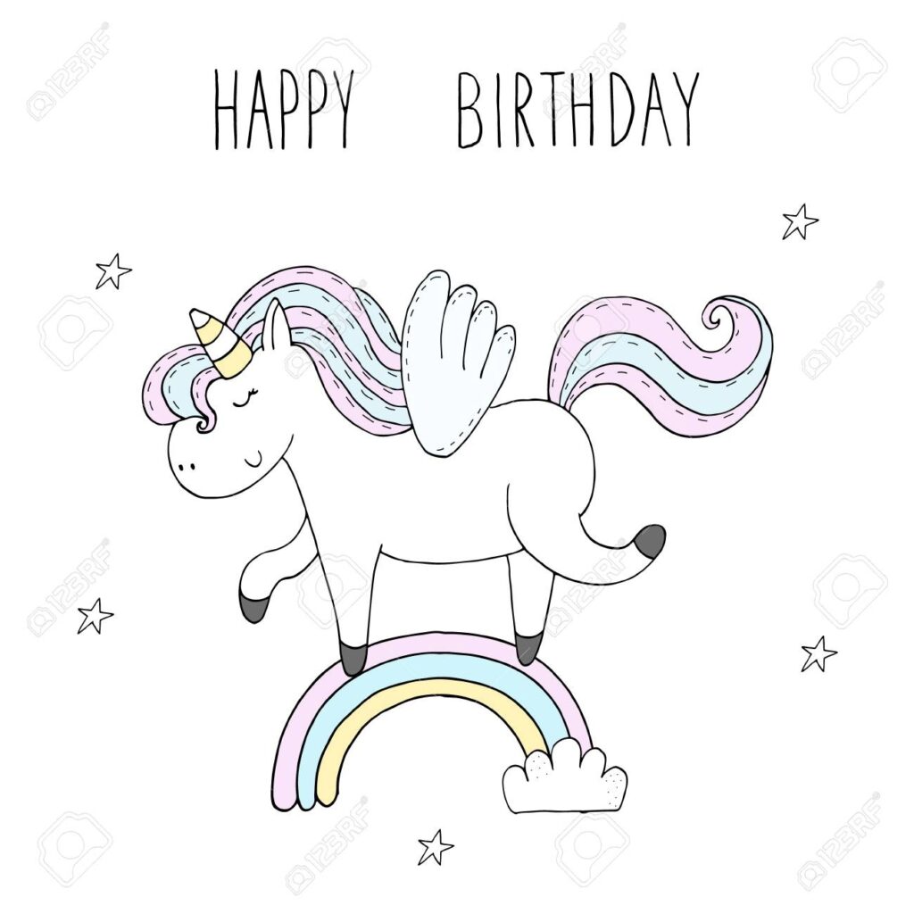 Cute Unicorn Print For Kids Happy Birthday Card Royalty Free SVG Cliparts Vectors And Stock Illustration Image 93871375 