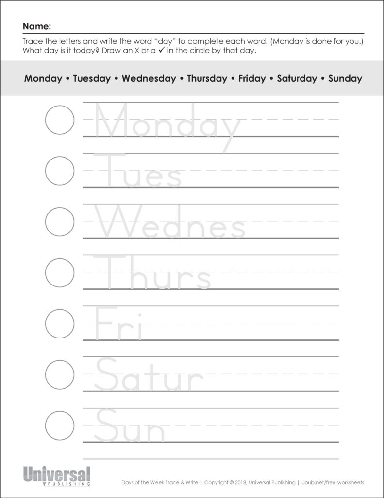 Days Of The Week Tracing