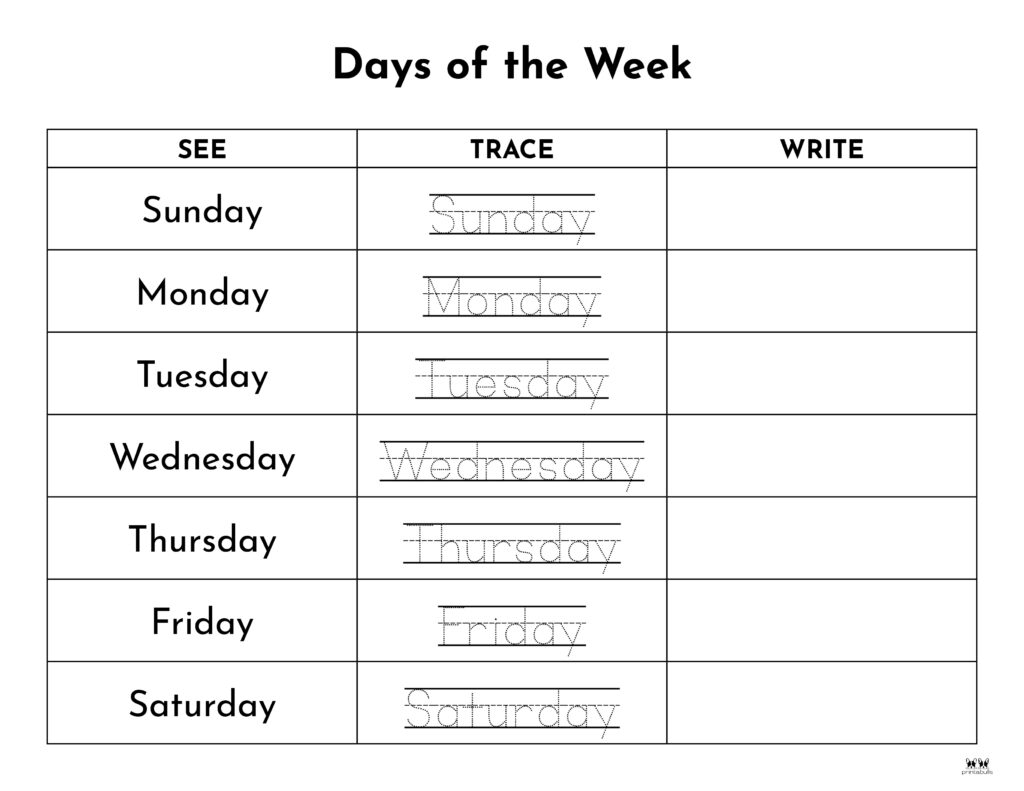 Days Of The Week Worksheets Printables 50 Free Pages Printabulls