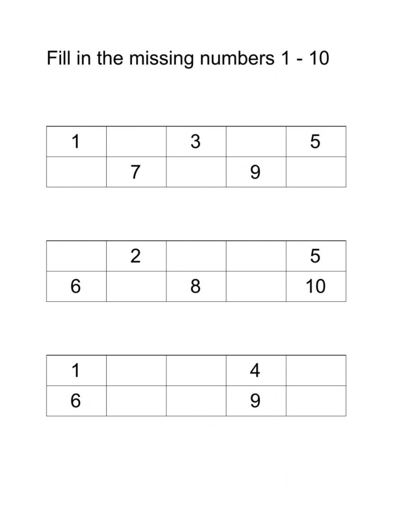 Fill In The Missing Numbers 1 10 Worksheet