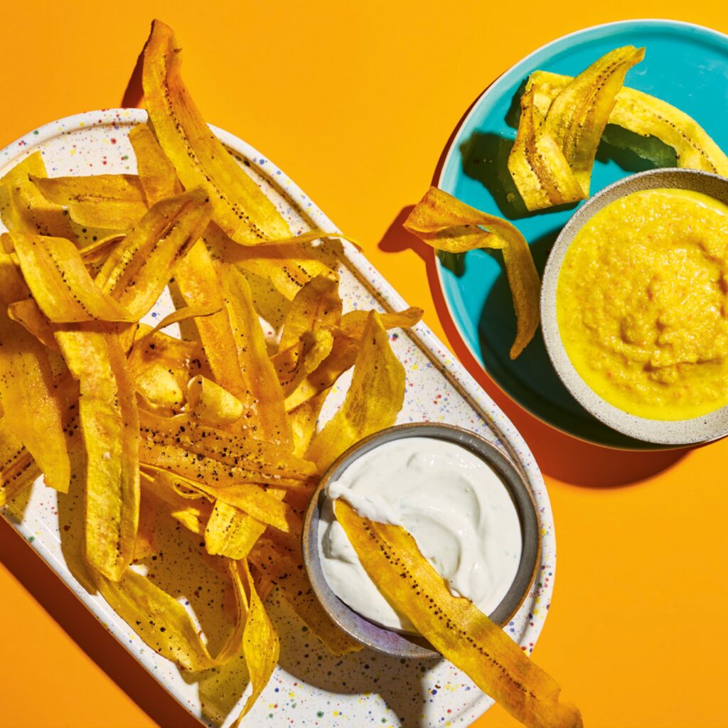 Fried Plantain Chips With Lime Sour Cream And Mango Hot Sauce Recipe Epicurious