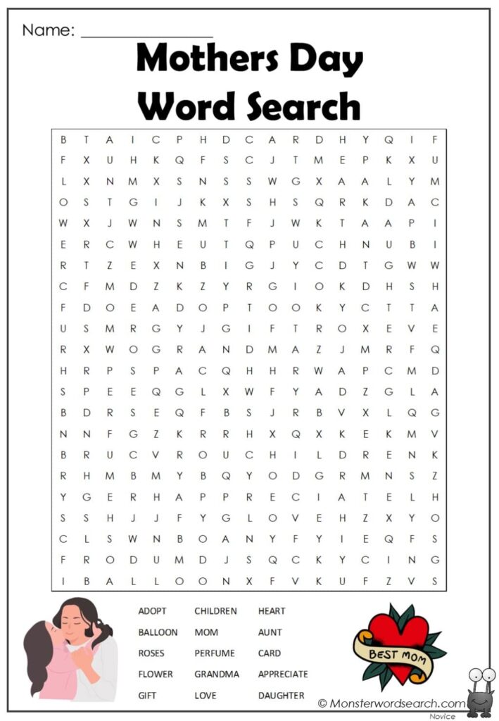Mothers Day Word Search Monster Word Search