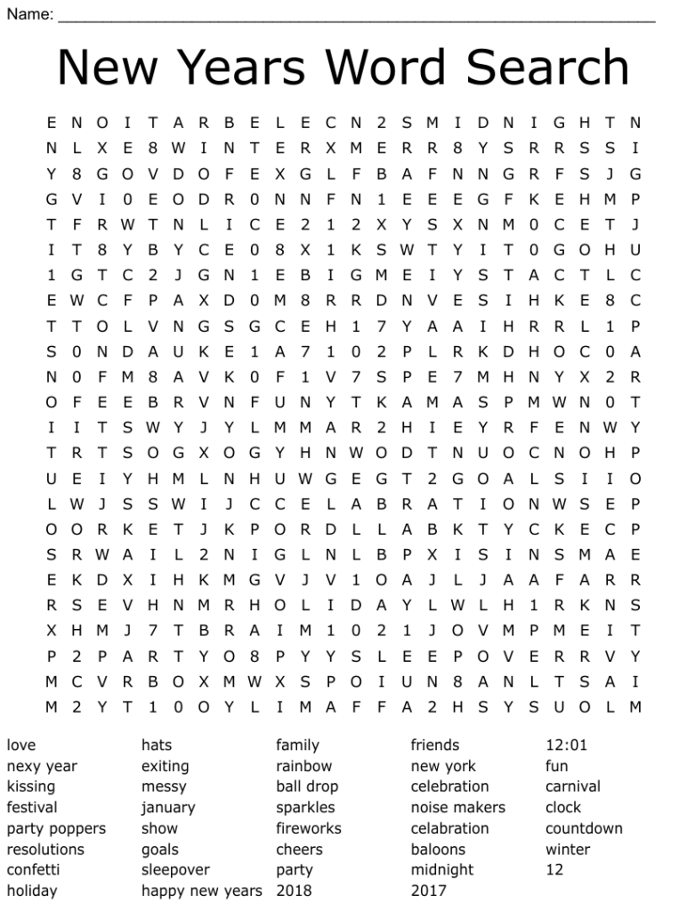 New Years Word Search WordMint