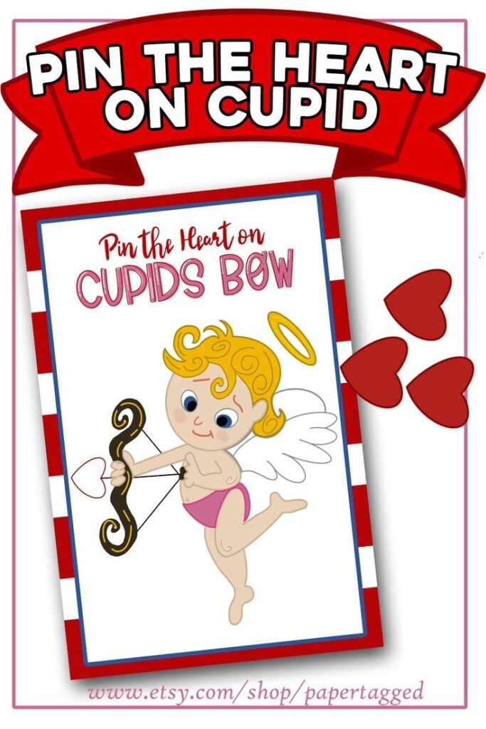 Pin The Heart On Cupids Bow Printable Valentine s Day Etsy Valentines Class Party Valentine Class Party Games Valentines Games