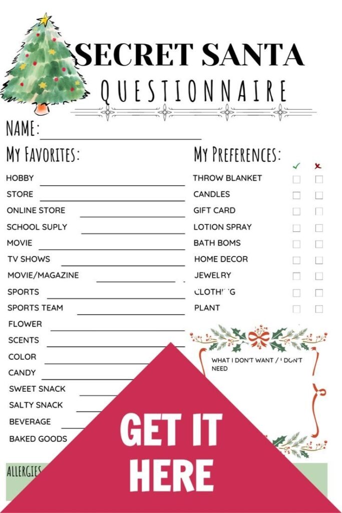 Printable Secret Santa Questionnaire For Christmas Gift Etsy Secret Santa Christmas Wish List Template Store Gift Cards