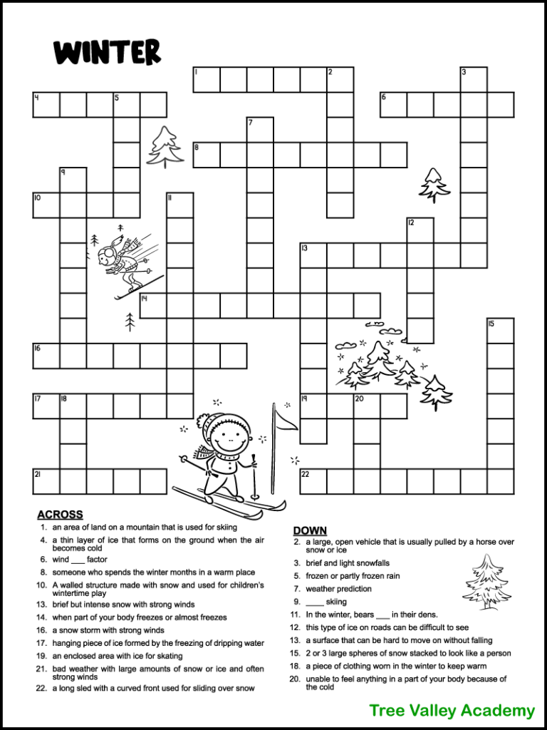 Printable Winter Crossword Puzzles For Kids Tree Valley Academy