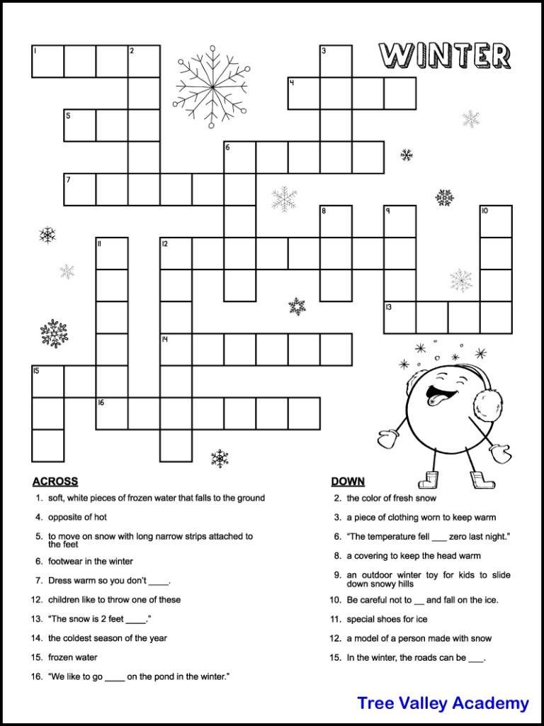 Printable Winter Crossword Puzzles For Kids Tree Valley Academy